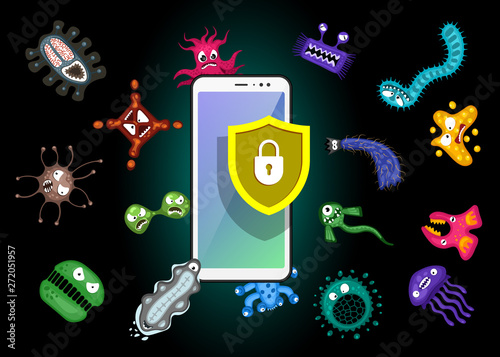 Mobile protection. Smartphone with security shield and infection computer virus attack. Spam data, fraud internet error message, insecure connection, online scam concept. Vector black illustration