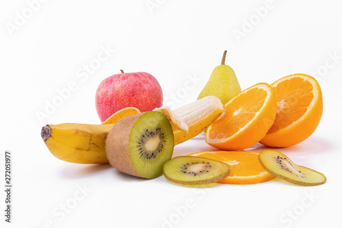 Bright fresh various fruits, beautiful composition, isolated on white background.