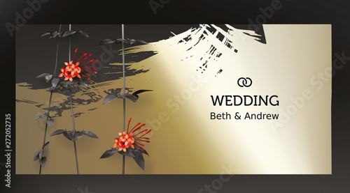 Tropical black leaves on dark gold background vector. Botanical design with golden tropic jungle creeper plant stem, exotic red flower and paint smear. Wedding ceremony invitation card, holiday sale