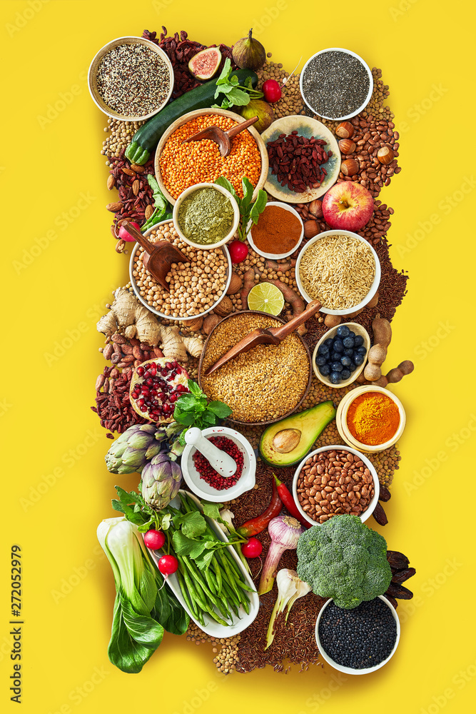 Large assortment of fruit, vegetables and spices
