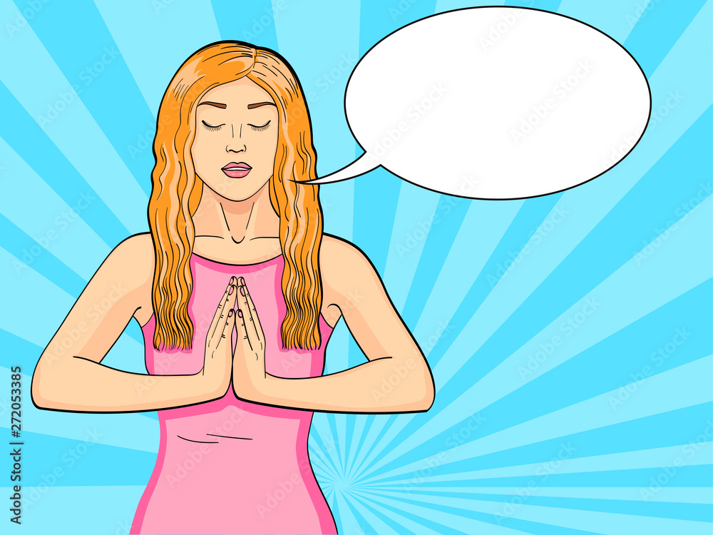 Raster of a young brunette girl doing yoga in the lotus position in pop art style text bubble Raster of a young brunette girl doing yoga in the lotus position in pop art style text bubble