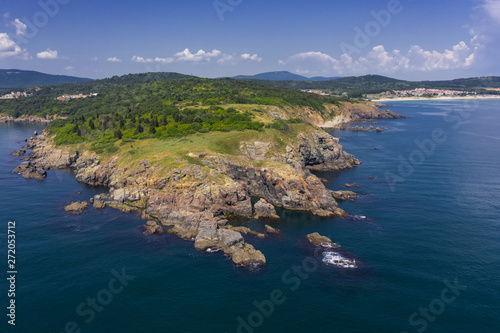 Aerial drone view of rocky coastline