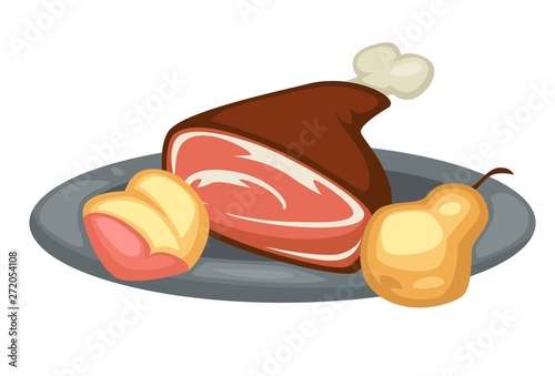Meat and pear Renaissance traditional food on plate pork or venison