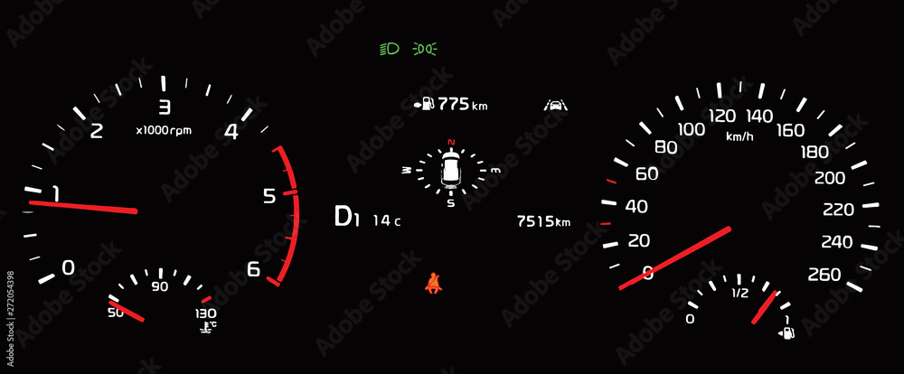 Illustration of car instrument panel with speedometer, tachometer, odometer, fuel gauge, oil temperature gauge, seat belt reminder, dipped beam headlights, lane assist.