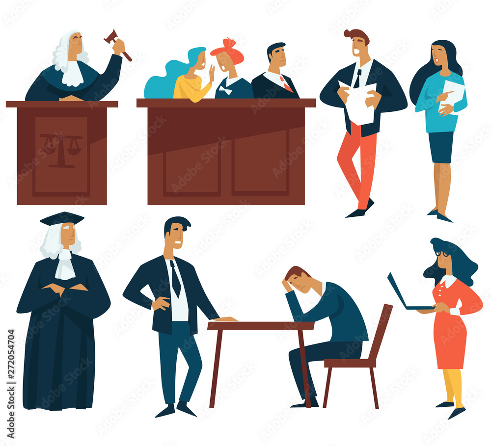 Court law and justice judge attorney and jury isolated characters Court law and justice judge attorney and jury isolated characters