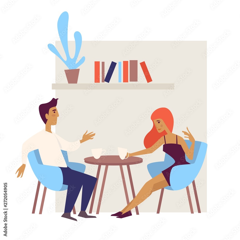 Date couple in cafe man and woman at table drinking coffee Date couple in cafe man and woman at table drinking coffee