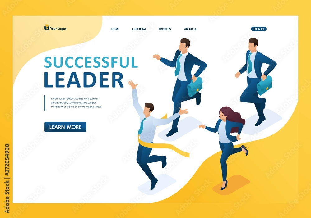Fototapeta premium Isometric Successful leader, leading the race, winning at any cost. Template landing page