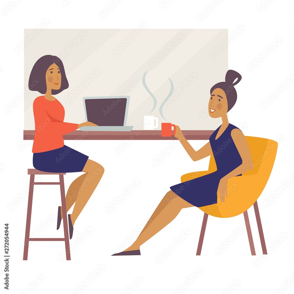 Women at coffee break in cafe businesswoman with laptop and hot drink Women at coffee break in cafe businesswoman with laptop and hot drink