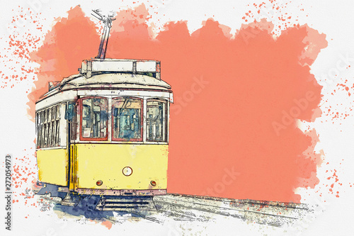 Watercolor sketch or illustration of a traditional yellow tram in Lisbon in Portugal.