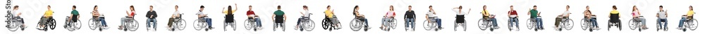 Set of people in wheelchairs on white background. Banner design - obrazy, fototapety, plakaty 