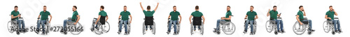 Set of young man in wheelchair on white background. Banner design photo