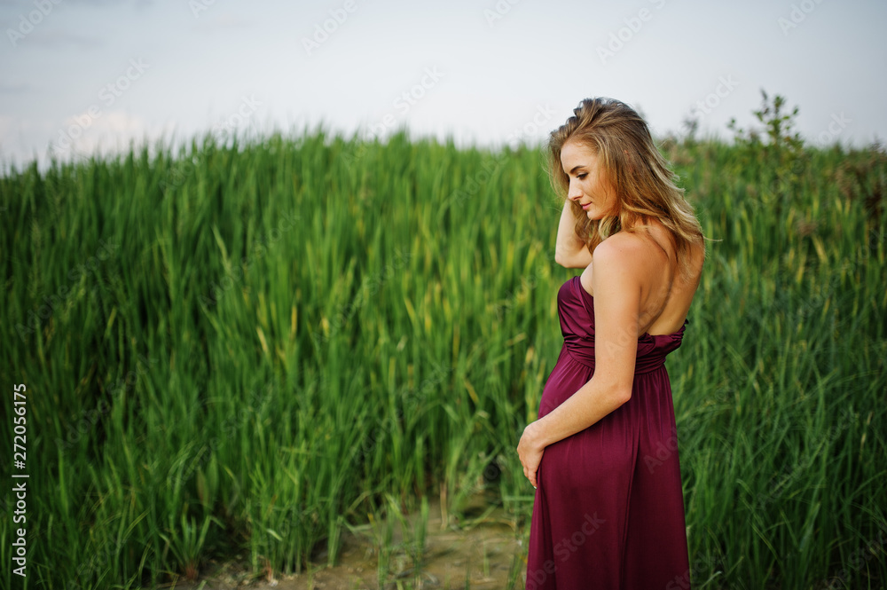 Blonde sensual woman in red marsala dress posing in the reeds. Blonde sensual woman in red marsala dress posing in the reeds.