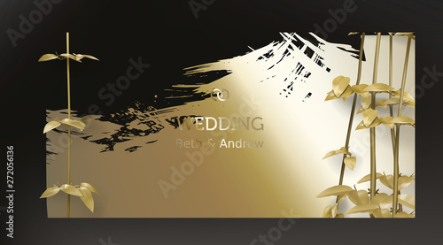 Tropical gold leaves on dark black background vector. Botanical exotic horizontal design with golden tropic jungle creeper plant stem and paint smear. Wedding ceremony invitation card, holiday sale