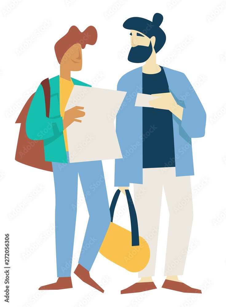 Men or friends travelers with baggage tickets and map airport departure Men or friends travelers with baggage tickets and map airport departure