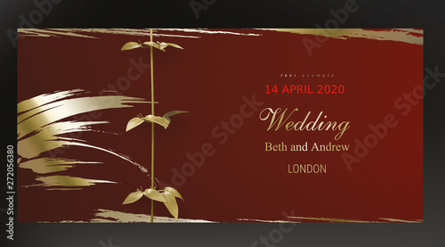 Tropical gold leaves on maroon red background vector. Botanical exotic horizontal design with golden tropic jungle creeper plant stem and paint smear. Wedding ceremony invitation card, holiday sale