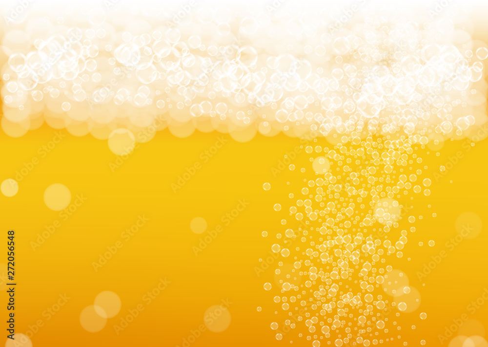 Craft beer background. Lager splash. Oktoberfest foam. Fresh pint of ale with realistic white bubbles. Cool liquid drink for pab menu template. Orange glass with craft beer background.