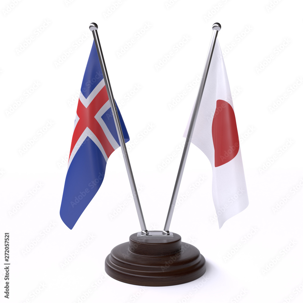 Iceland and Japan, two table flags isolated on white background. 3d image