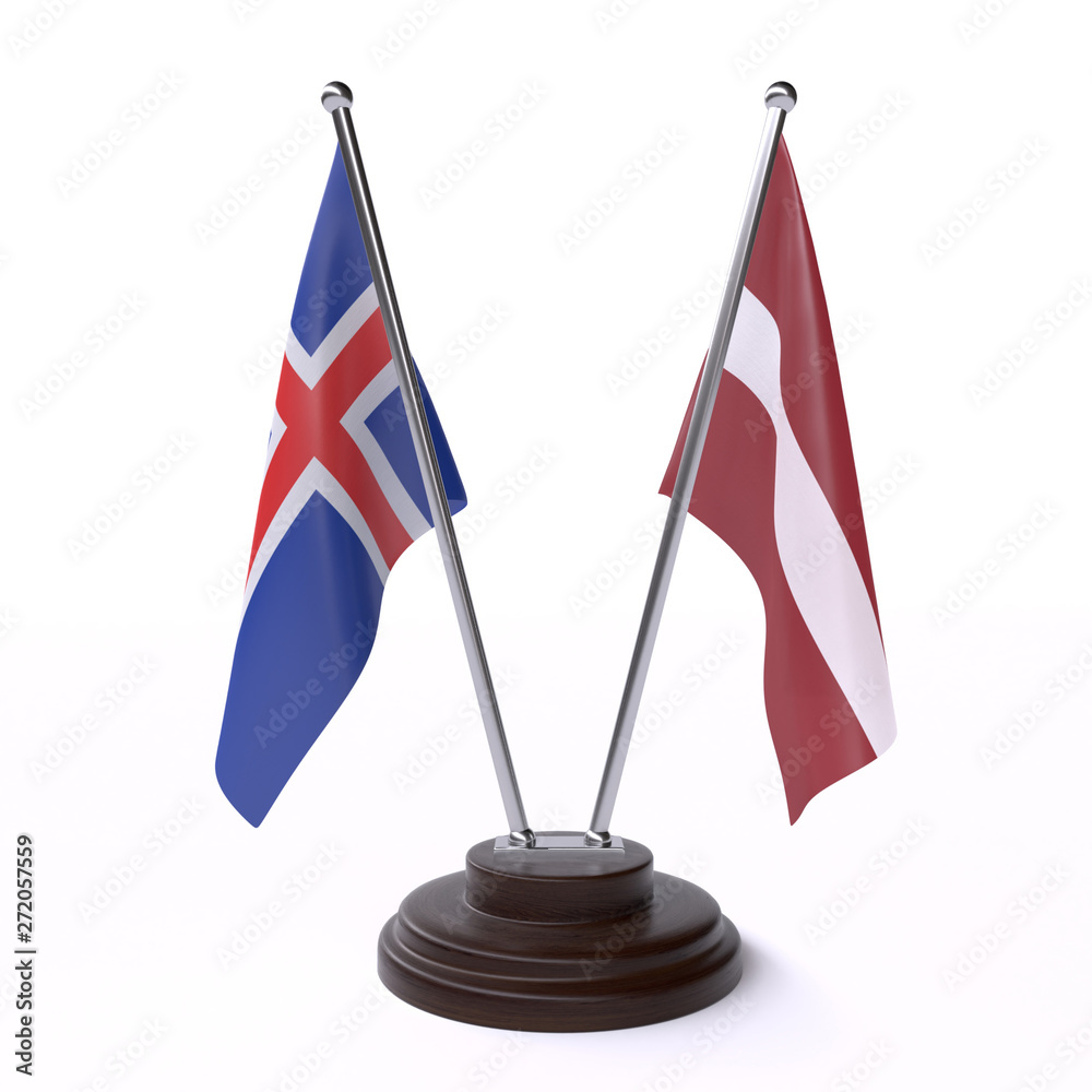 Iceland and Latvia, two table flags isolated on white background. 3d image