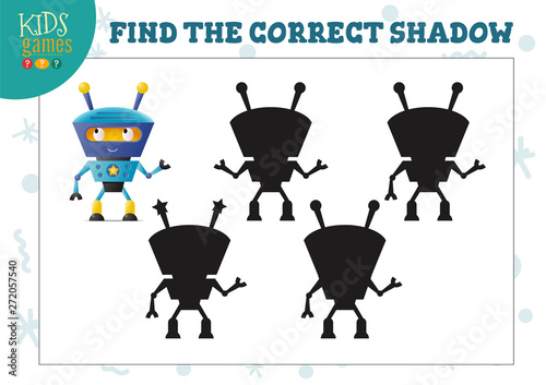 Find the correct shadow for cute cartoon humanoid robot educational preschool kids mini game