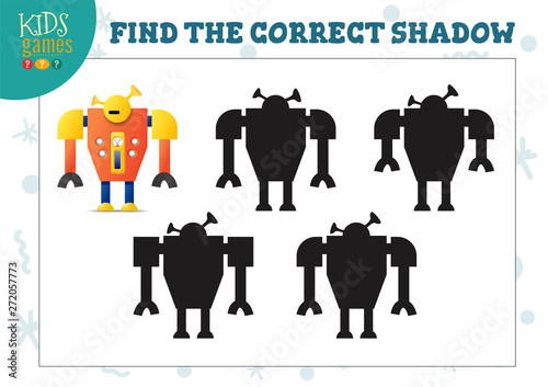 Find the correct shadow for cute cartoon robot educational preschool kids mini game