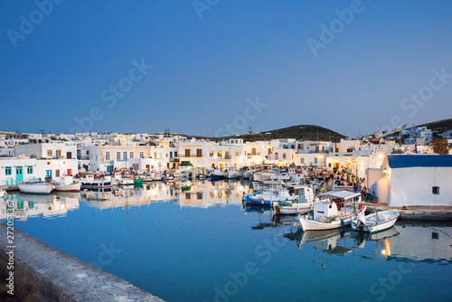 Naoussa village, Paros island, Greece. Popular tourist destination in Europe. Night view