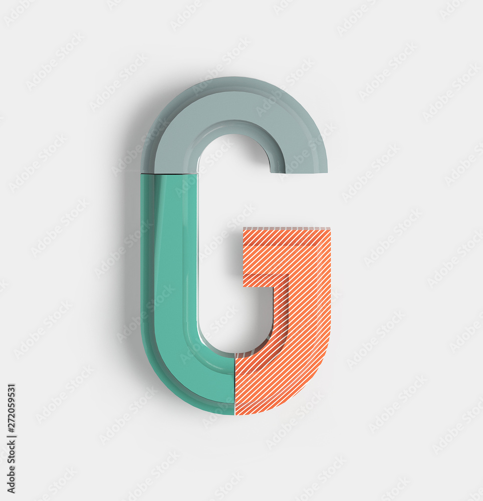 Letter G. Joyful Geometric Vivid Alphabet with Bright Coral And Pastel Color Patterns. Trendy Brand Identity Font. 3d Rendering isolated.