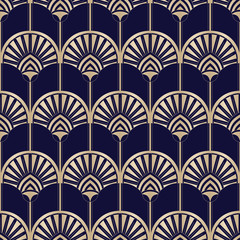 Wandcirkels Blauw goud patronen Art deco gouden palmen donkerblauw  © Anna Putina