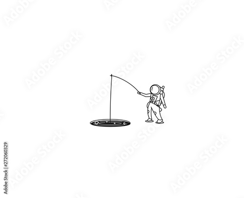 Aastronaut with a spinning rod catching fish on a hole, Flat Line Art Vector Design illustration.