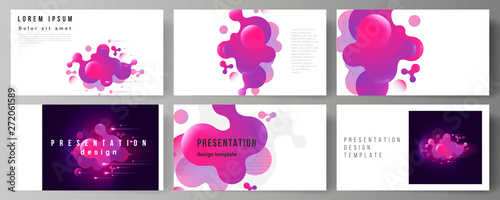 The minimalistic abstract vector illustration of the editable layout of the presentation slides design business templates. Black background with fluid gradient, liquid pink colored geometric element.