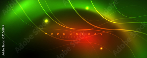 Shiny neon lines template - northern lights glowing blur lines. Futuristic style glow neon 80s disco club or night party techno template