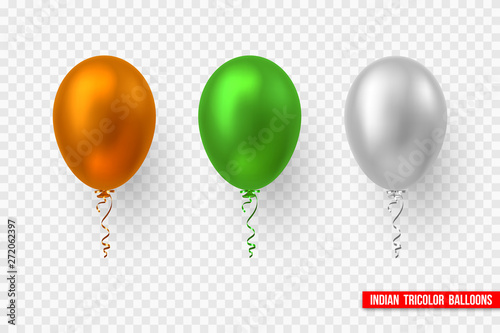 Vector balloons in traditional tricolor of Indian flag. Decorative realistic elements for national holidays of India. Isolated on transparent background.