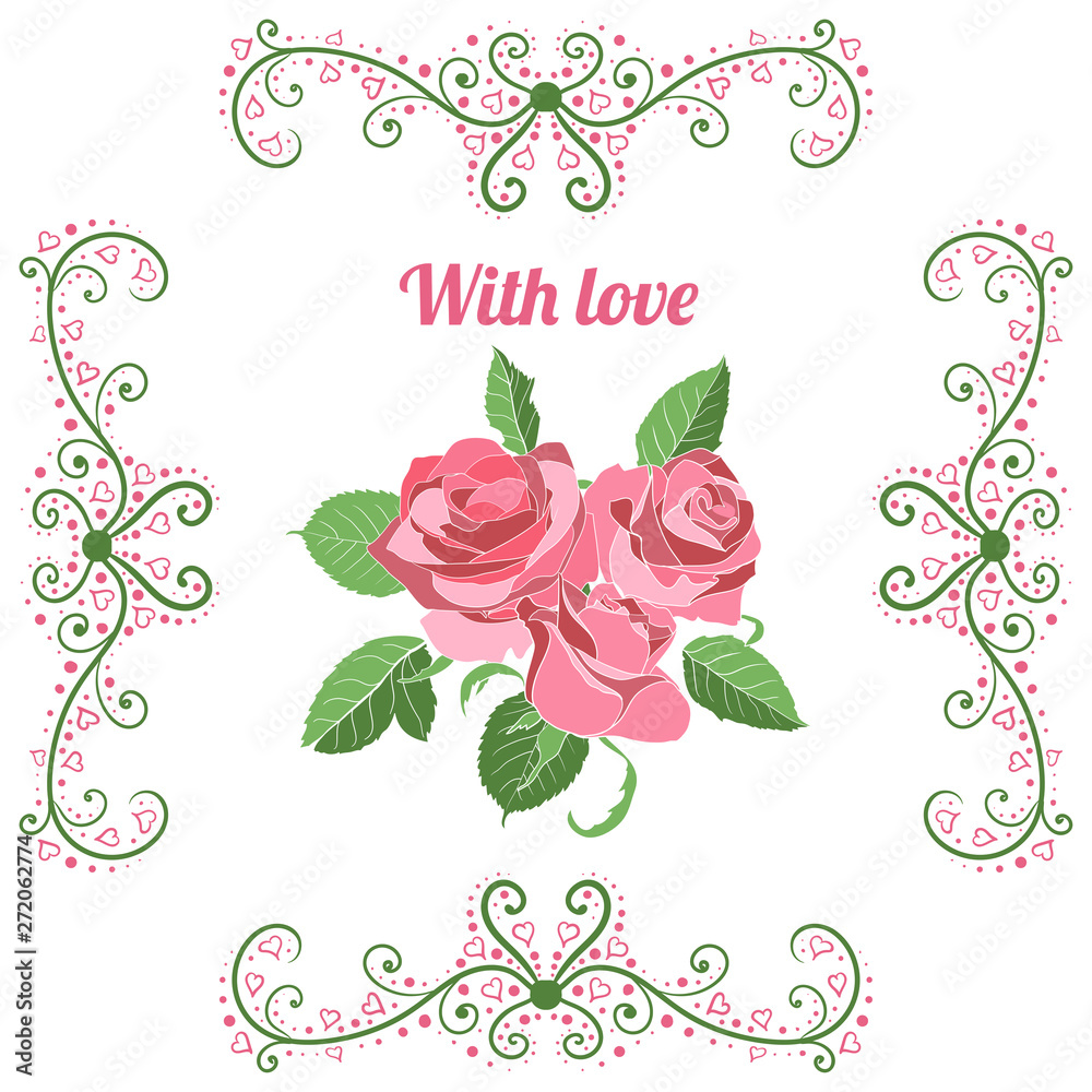 Template for your card with roses and hearts and patterns on the white background. Registration of greeting cards and invitations to a wedding, Valentine's Day, etc.