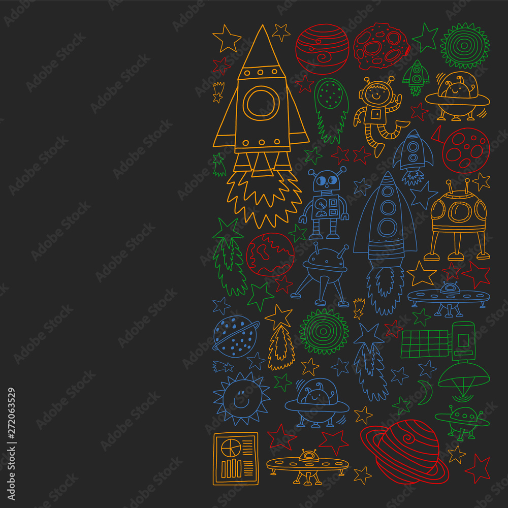 Vector set of space elements iicons in doodle style. Painted, colorful, pictures on a piece of paper on blackboard. Vector set of space elements iicons in doodle style. Painted, colorful, pictures on a piece of paper on blackboard.