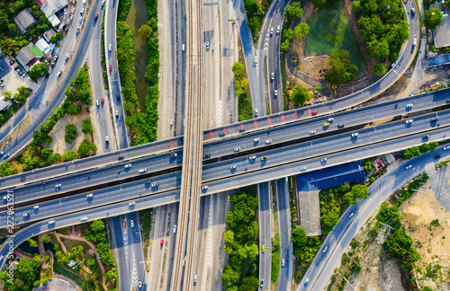 Aerial view Expressway motorway highway circus intersection at Day time Top view , Road traffic in city at thailand