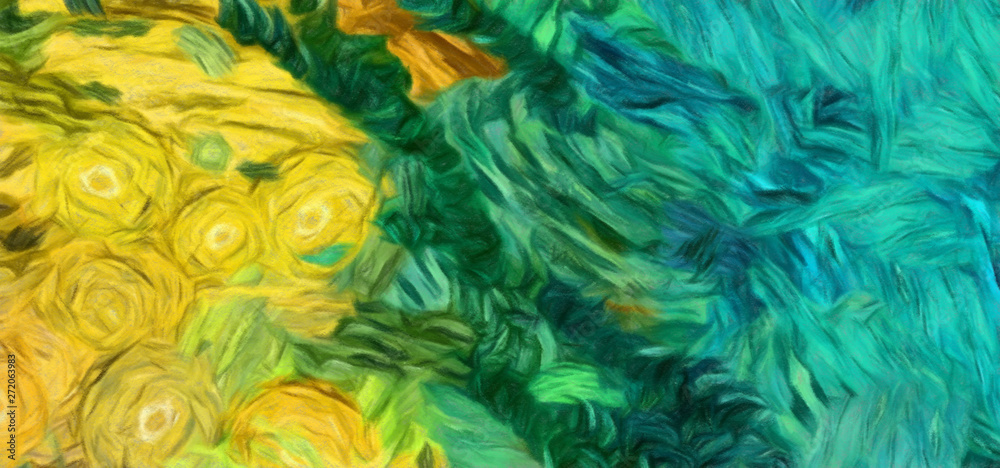 Abstract impressionism background painting in Vincent Van Gogh style. Interior wall art decor print. Colorful creative texture with watercolor splashes and oil elements. Digital contemporary design.
