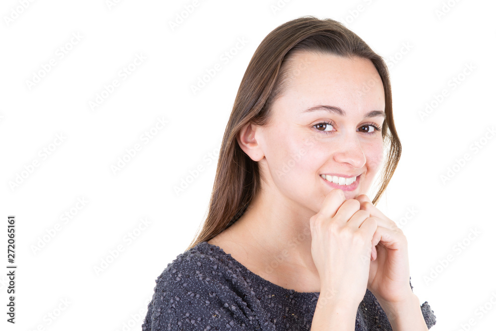 Beautiful young woman isolated white background looking confident with smile hand raised on chin Beautiful young woman isolated white background looking confident with smile hand raised on chin