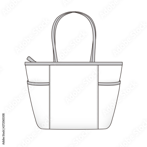 Shopping Tote Bag with side pockets, bag design outline vector illustration sketch template isolated on white background