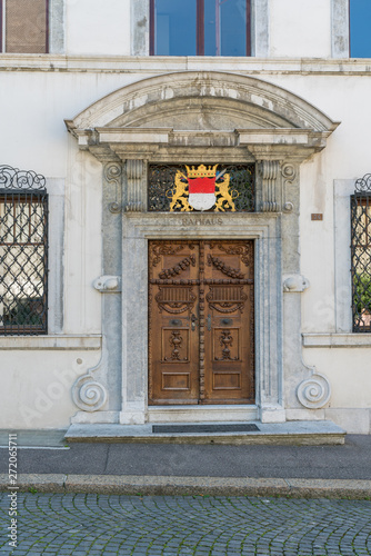 architectural detail of the city hall door in the historic old town of the Swiss city of Solothurn