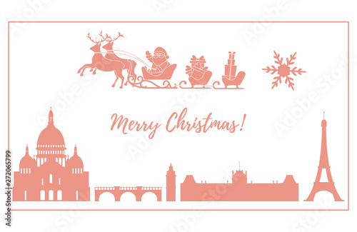 Santa Claus in sleigh with deers flying over Paris