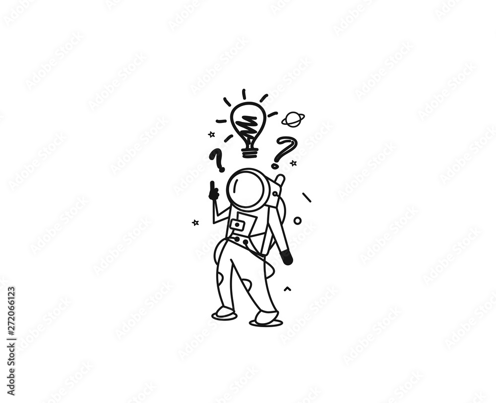 Astronaut Man looking at the question marks with light idea bulb, Cartoon Flat Line Art Vctor Illutration. Astronaut Man looking at the question marks with light idea bulb, Cartoon Flat Line Art Vctor Illutration.