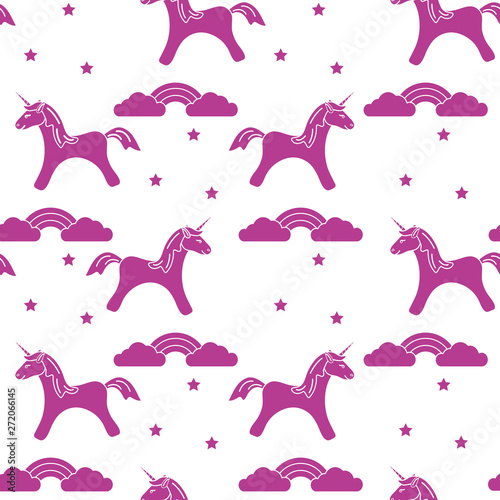 Pattern with magic unicorn, stars, clouds, rainbow