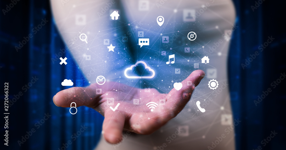 Person holding hologram screen displaying information from cloud technology
