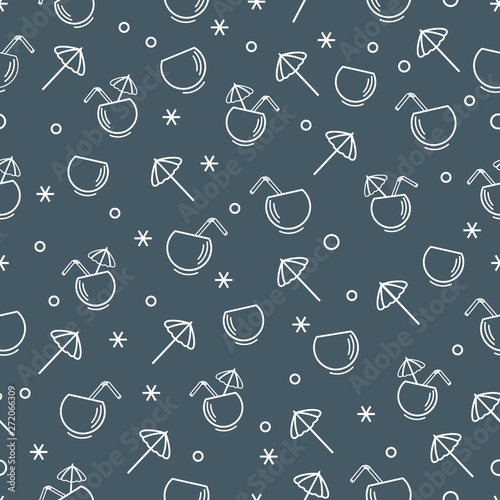 Cute seamless pattern with cocktail in half coconut, tube and umbrella. Travel and leisure.