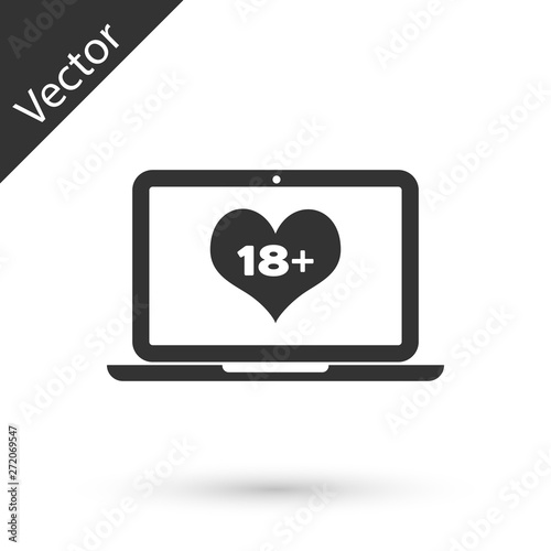 Grey Laptop computer with 18 plus content heart icon isolated on white background. Age restriction symbol. 18 plus content sign. Adult channel.  Vector Illustration