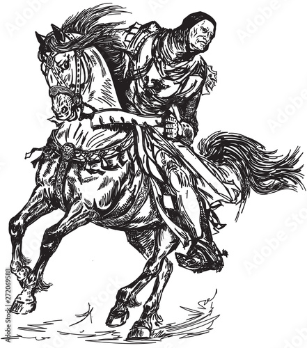 Medieval knight galloping his horse. Black and white graphic style vector illustration