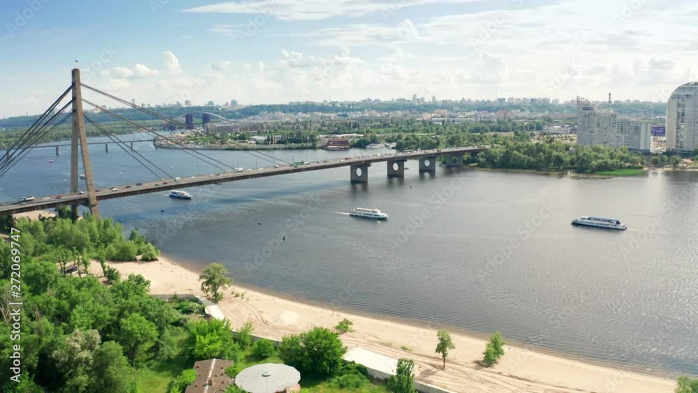 Aerial view of North Bridge in Kyiv Ukraine at sunny summer day