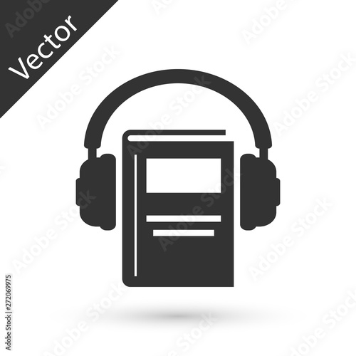 Grey Audio book icon isolated on white background. Book with headphones. Audio guide sign. Online learning concept.  Vector Illustration