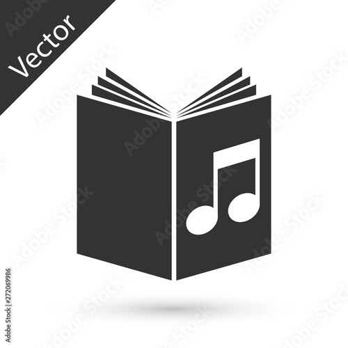 Grey Audio book icon isolated on white background. Musical note with book. Audio guide sign. Online learning concept.  Vector Illustration