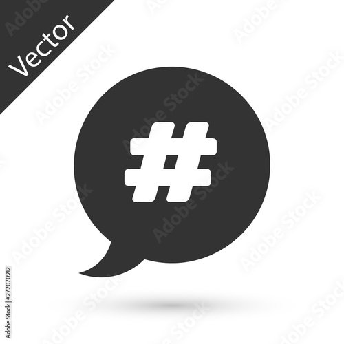 Grey Hashtag speech bubble icon isolated on white background. Concept of number sign, social media marketing, micro blogging.  Vector Illustration