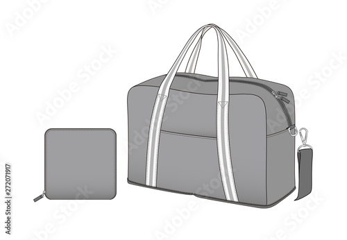 Gray duffle bag with removable shoulder strap, sports gym bag with stripe handle and front pocket, spare bag, vector illustration sketch template isolated on white background
